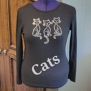 Cat Lover! Black studded long sleeve "3 kitty cats" shirt sz: M
